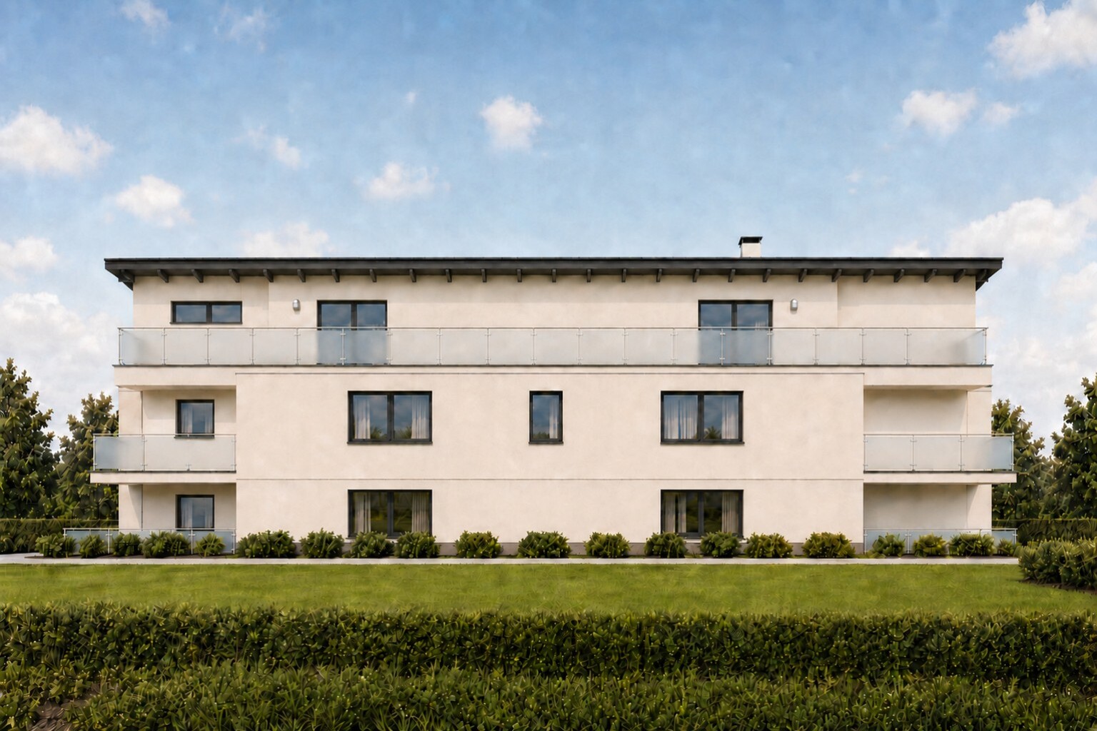 Breite Seitenansicht des geplanten Mehrfamilienhauses mit durchgehender Dachterrasse und gläsernen Brüstungen